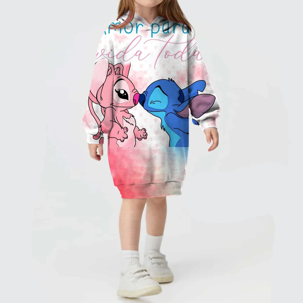2024 Autumn and Winter Sweater Dress Christmas Disney Stitch Print Hoodie Dress Baby Girl Cute Fashion Hoodie Dress