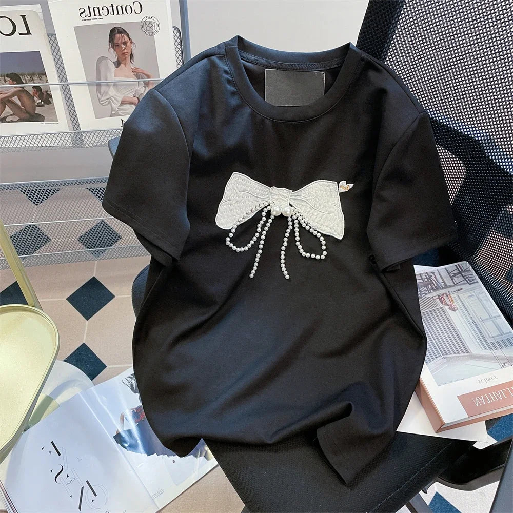 Beads Bow Ropa Mujer Round Neck Short Sleve Clothes Contrast Women Clothing Sweet Embroidery Tops Summer 2025 New Camisetas