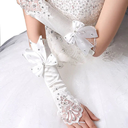 Elbow Length Fingerless Satin Embroidery Beads Bridal Wedding Gloves Tea Party Luva De Noiva  Cosplay Bridal  Accessories