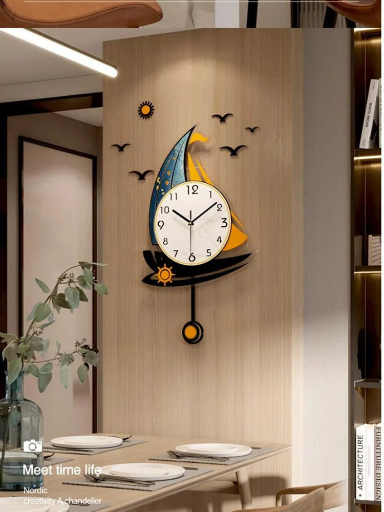 Nordic Sailboat Wall Clock for Living Room, 3D Swing Watch, Home Decoration, Light Luxury Horologe