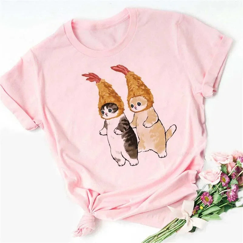 Cute Cats Printing Women T-shirts New Kawaii Women's Tops Fashion Women Clothing Funny Korean Style Creative Casual Clothes Tees