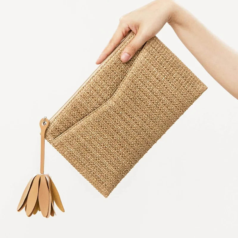 Straw Clutch Purses for Women Summer Beach Handbag Woven Purse Wicker Rattan Envelope Clutch for Wedding Zipper Messenger Bags
