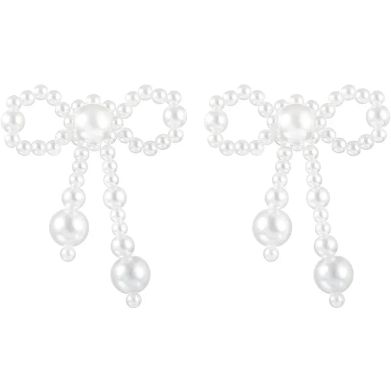 White Beaded Earrings Imitation Pearl Earrings Ear Clips Bowknot Long Tassel Pearl Clip on Earrings Non Piercing Ear Jewelry