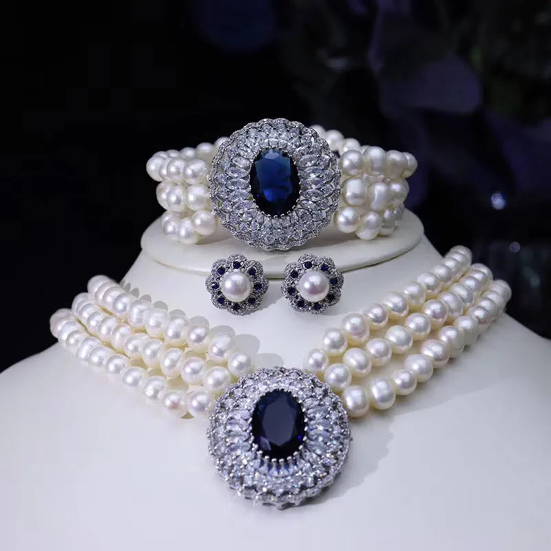 Set 3rows Pearl white gray 5-6mm 7-8mm necklace bracelet earrings Ring party wedding women's jewelry blue zirocn pendant