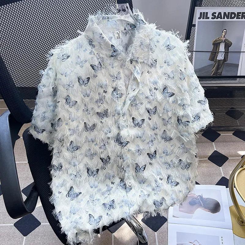 Trendy American Style Butterfly Print Short Sleeve Men's Shirt New Loose Fit Sensible Versatile Couple Casual Shirt mon