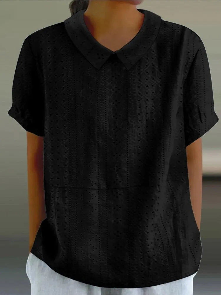 Elegant Hollow Turn-Down Collar Blouse Shirt Top Button Short Sleeve Women Blouse Casual Summer Fashion Female Tops