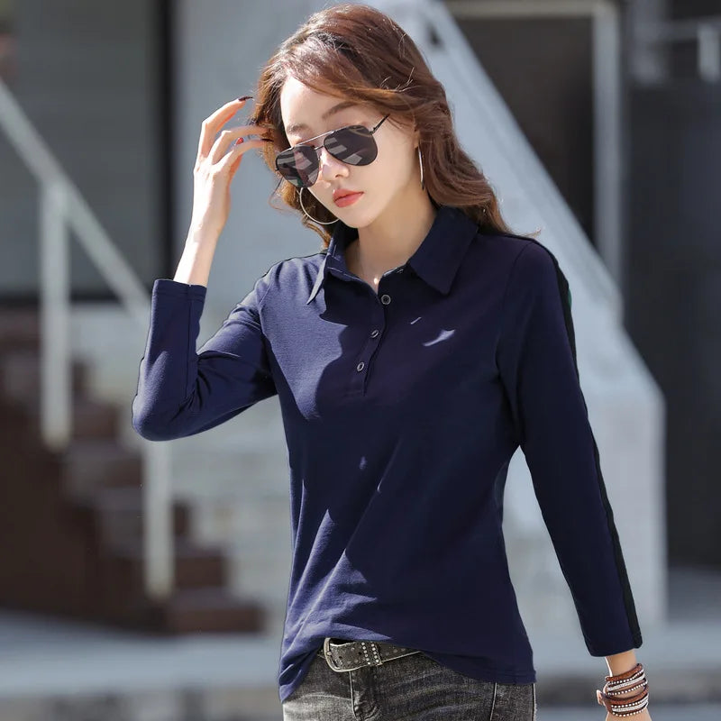 HI-FASHION Women Cotton Shirt Korean Casual Office Female Blouse Tops Spring Lapel temperament Long Sleeve Slim woman tshirt