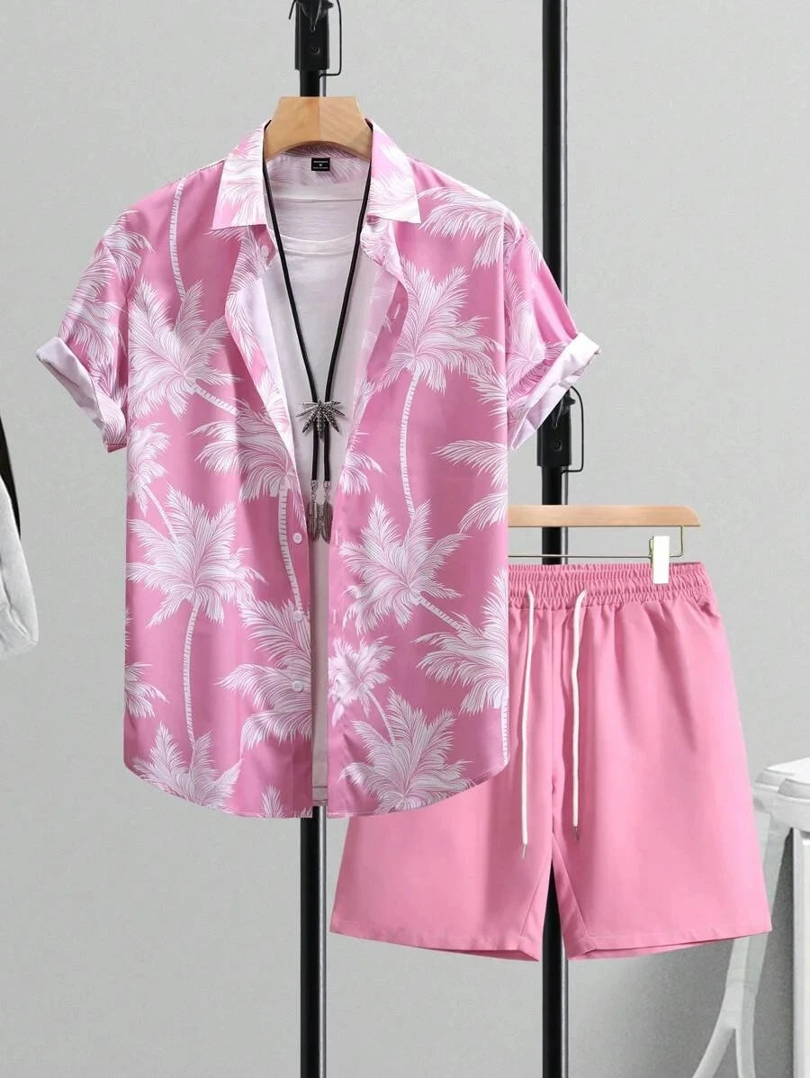 Hawaiian Flamingo Strip Printed Set Casual Streetwear Button Short Sleeve Shirt, Two-piece mon
