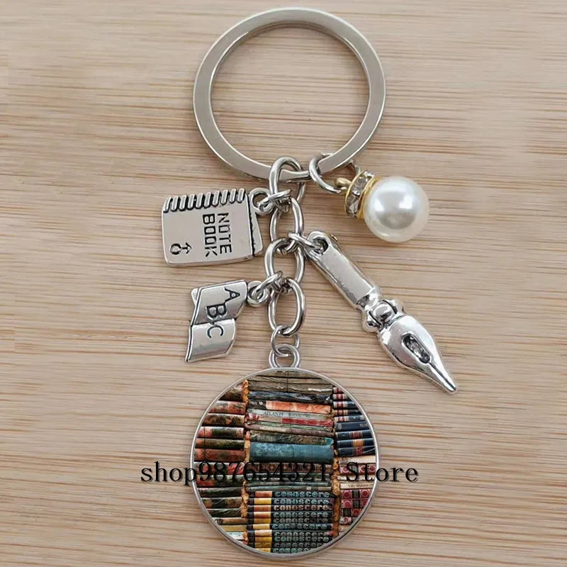 Classic Library Books Keychain Vintage Old Books Key Chain Librarians Key Ring Gift for Nerd Bookworm Writer Teacher