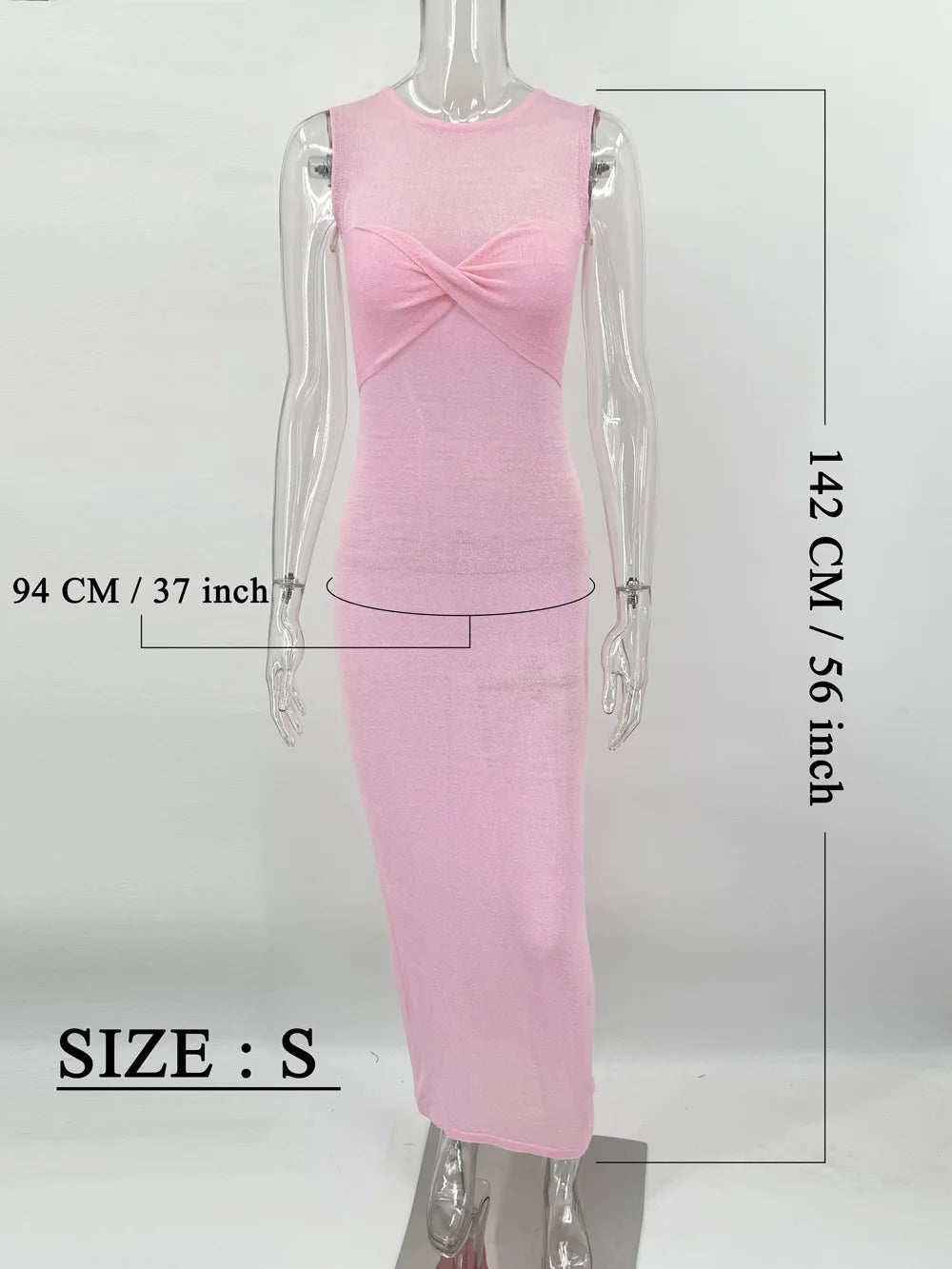 Tossy Summer Beach Knit Maxi Dress For Women Cover-Up Pink Sleeveless Twist Sundress Knitwear See-through Maxi Bodycon Dress New clothes