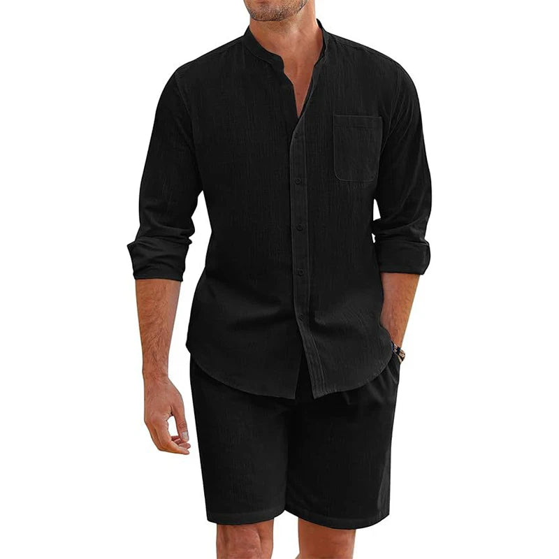 Daily Casual Breathable Cotton Linen Outfits Mens Vintage Stand Collar Button-up Shirts And Shorts Sets For Men Clothing Summer mon