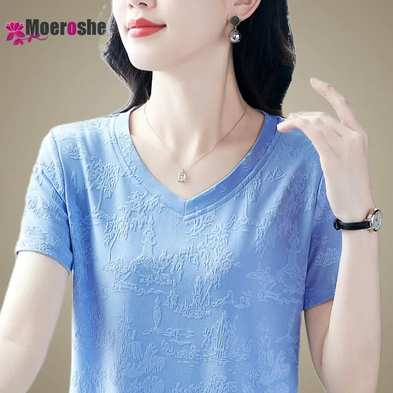 Summer Women's V-neck Slimming Short-sleeved T-shirts Fashion Luxury Clothing Tops Suit Clothes Dames Slimming and breathable