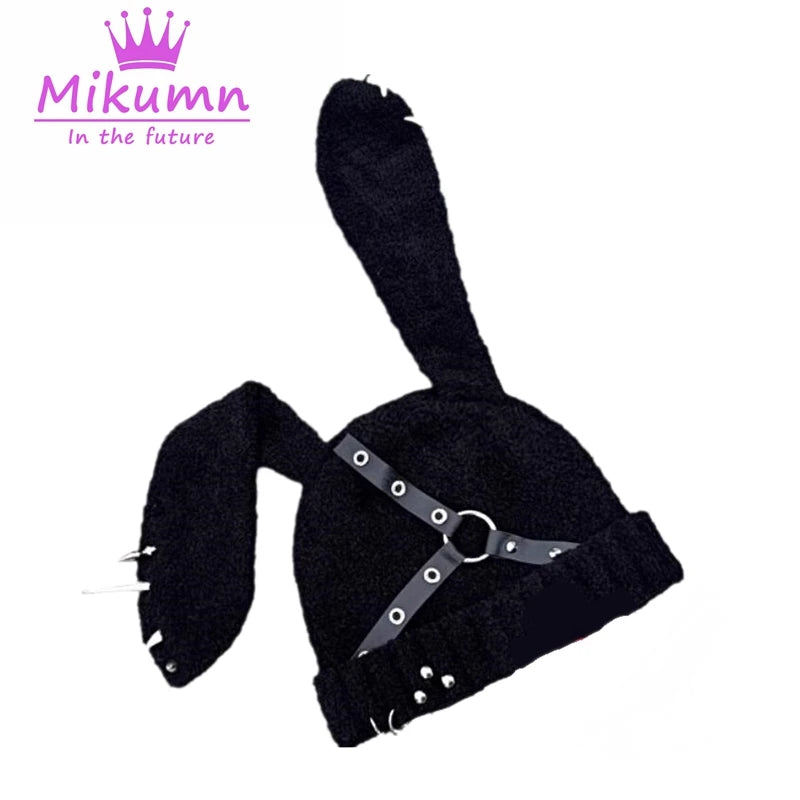 Harajuku Punk Rock Leder Ring Nieten Kaninchen Ohr Strickmützen Gothic Grunge Schwarz Rot Chic Design Frauen Winter Warme Beanie Hüte
