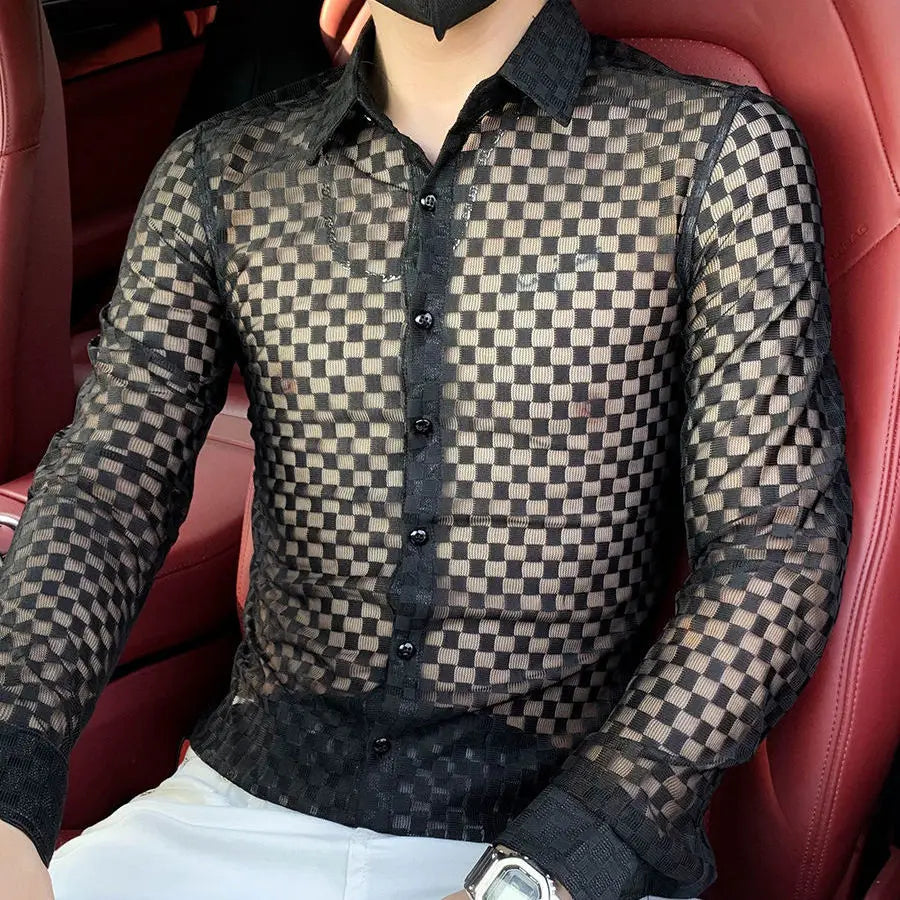 Spring Autumn New Fashion Plaid a Peaked Collar Men's Clothing Shirts Long Sleeve Button Hollow Out Slim Korean Chaopai Blouse