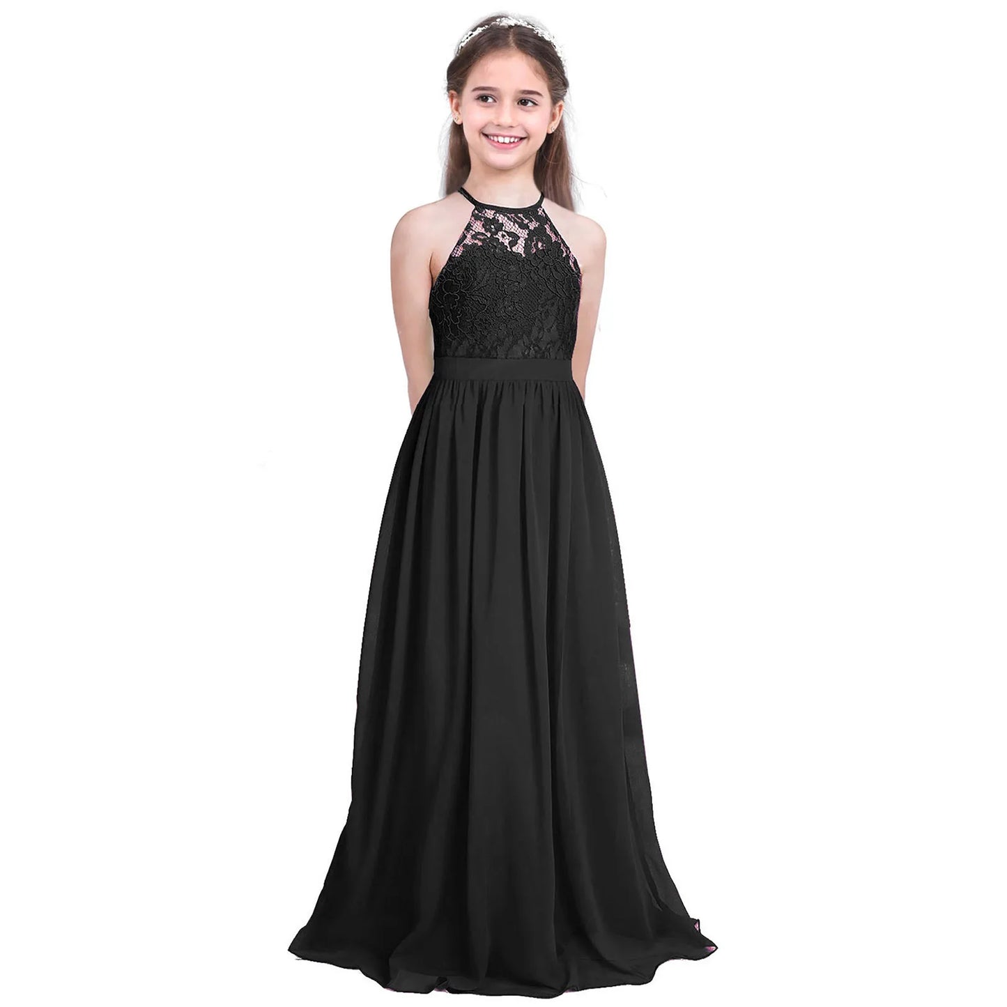 iiniim Kids Girls Vestido de festa Chiffon Dress Floral Lace Cutout Back Flower Girl Dress Elegant Summer Princess Party Dress