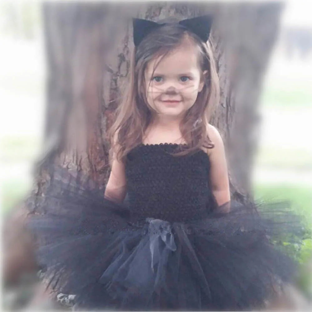 Cute Black Cat Tutu Dress Baby Girls Birthday Dresses Toddler Kids Halloween Costumes Children Animal Cosplay Outfit Solid Black