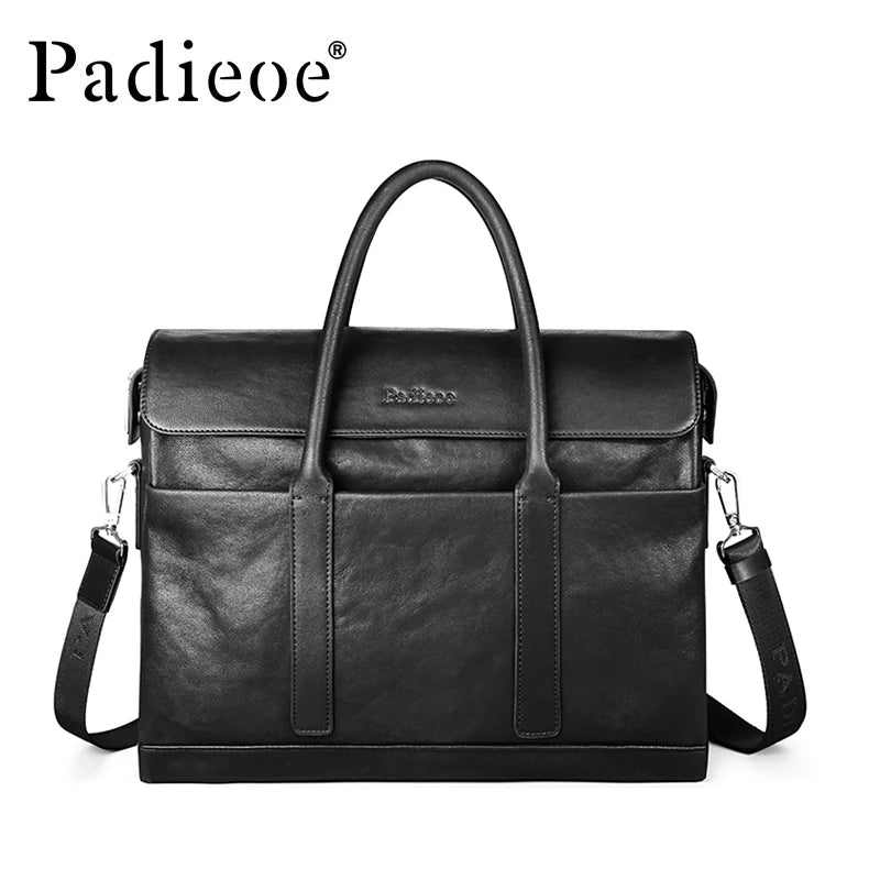 Padieoe Fashion Cowhide Male Business Men Briefcase Bag Luxury Leather Laptop Bag Man Black Handbag Large Capacity Shoulder Bag