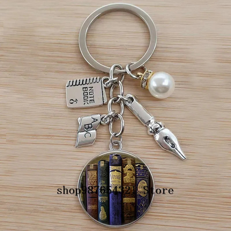 Classic Library Books Keychain Vintage Old Books Key Chain Librarians Key Ring Gift for Nerd Bookworm Writer Teacher