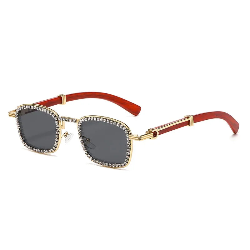 2025 Square Diamond Sunglasses for Women with A High-end Feel Imitation Wood Grain Legs Girls Sunglasses with Rhinestone