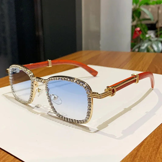 2025 Square Diamond Sunglasses for Women with A High-end Feel Imitation Wood Grain Legs Girls Sunglasses with Rhinestone