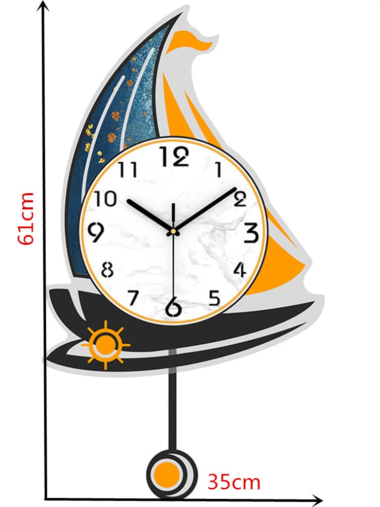 Nordic Sailboat Wall Clock for Living Room, 3D Swing Watch, Home Decoration, Light Luxury Horologe
