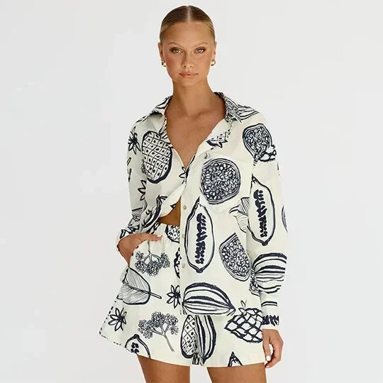 Foridol Fruit Printed Pockets Casual Shirt+shorts Set Outfits Matching Set 2024 Summer Women Spring Beach Oversize White Set