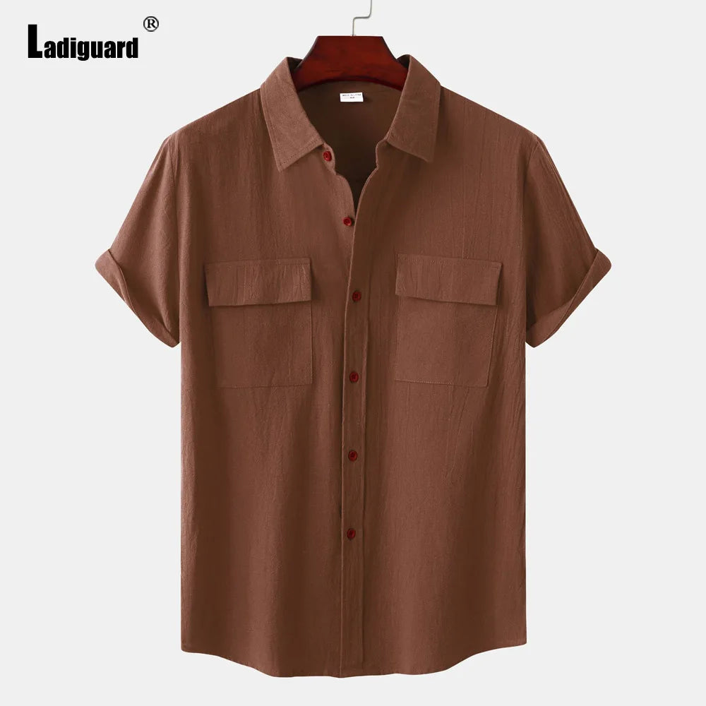 Men Short Sleeve Linen Shirts ,Black Soft Blouse Vintage Casual Stand Pocket Tops mon