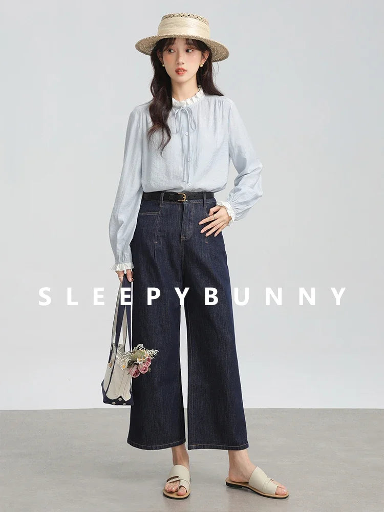 Spring Women Blue Ruffle Trim Long Sleeve Shirt French Vintage Style Loose Fit Blouse Elegant and Chic Top for Petite Frames clothes