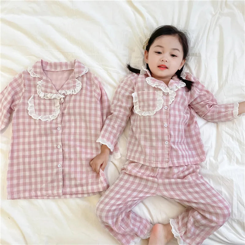 Children Pajamas 2024 Spring New Korean Children Clothing Girl Sweet Checkered Pajama Set Long sleeved Pants Home Fury
