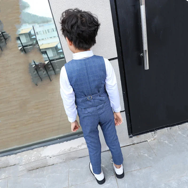 Boy Plaid Vest Blazer Kids Waistcoat Wedding Clothes Set Toddler Formal Dress Suit Child Brooch Shirt Pant Baby Gentlemen Outfit