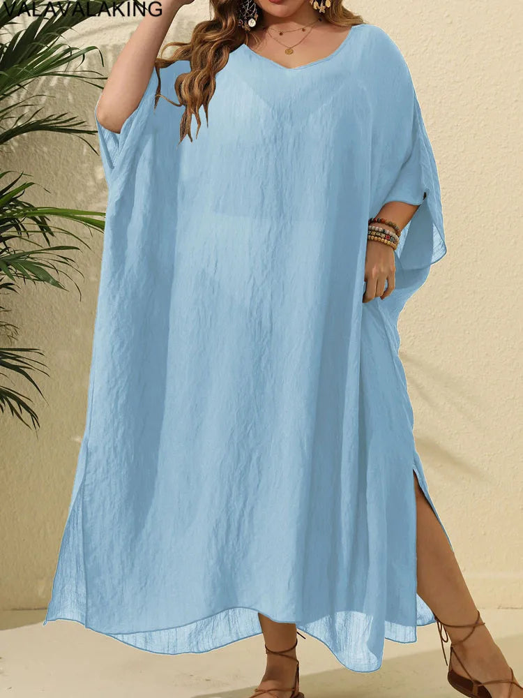 2025 Women Short Sleeve Plus Size Cove Up Solid Large Big Tunic Lady Chubby Beach Long Dress Brazilian Curvy Swimsuit Cover-Ups