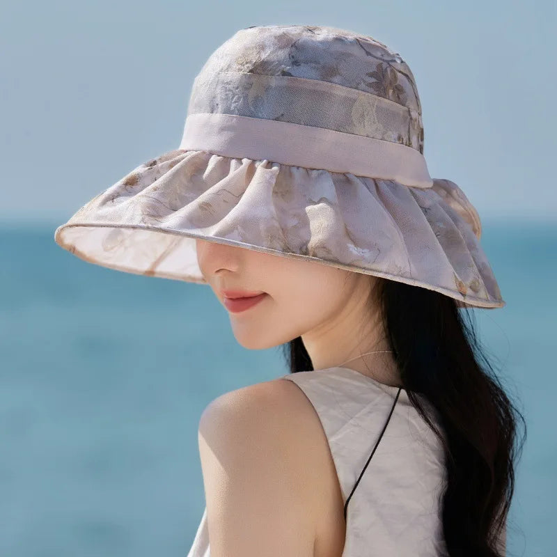 Women's Summer Hat Flower Bucket Hat Sunshade Beach Sunhat Korean style Elegant Breathable Sun Hat Foldable New