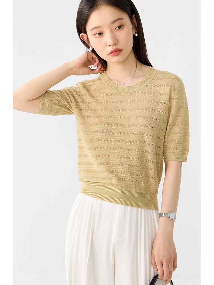 ZIQIAO Petite Hollow Out Round Neck Pink Knit Top For Women's 2024 Summer New Loose Short Sleeved Loose T-shirt 24ZQ92213