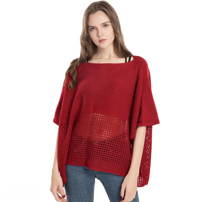 Women Spring Autumn Shawl Lady Knit T-shirt Hollow Out Wrap Solid Color Pullover Loose Sweater Fall Poncho Wholesale Drop Ship