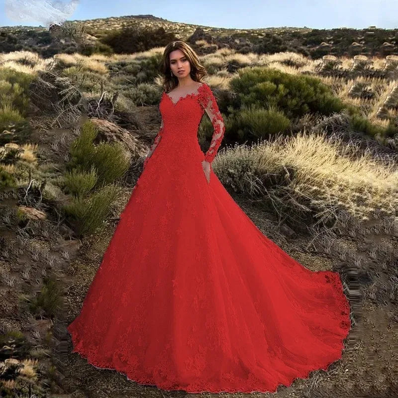 Women Long Sleeve V Neck Lace Floor-Length Bride Clothing White Fashion Party Church Formal Wear Dresses Elegant Formal Dress !!!