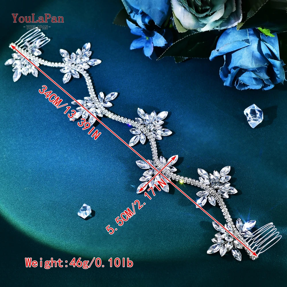 YouLaPan Crystal Flowers Hairpiece Bridal Wedding Hair Accessories Handmade Rhinestone Forehead Tiara Crown for Bride HP618