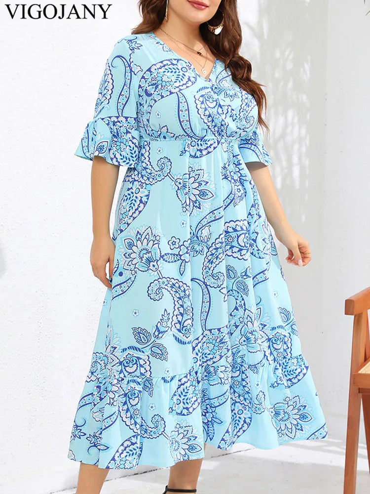 Vigojany 2025 Women Summer Short Sleeve Plus Size Dress Print Casual V Neck Large Big Dress Lady Chubby Curvy Long Dresses