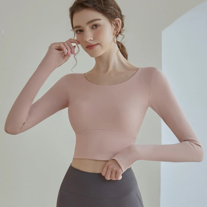 Women Long Sleeve Sport Shirt Beautiful Cross Back Yoga Wear Running Crop Top Sportswear With Bra Pad Fitness Gym Top Yoga Shirt