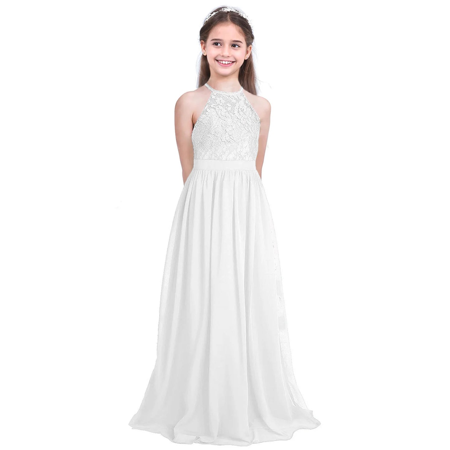 iiniim Kids Girls Vestido de festa Chiffon Dress Floral Lace Cutout Back Flower Girl Dress Elegant Summer Princess Party Dress