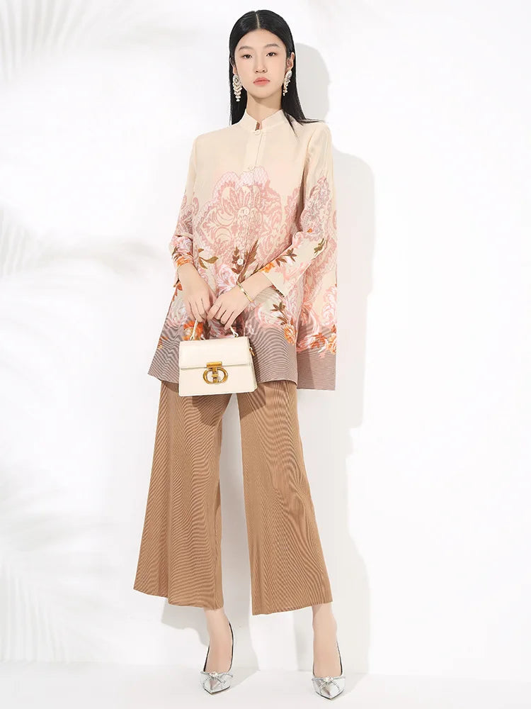 MIYAKE Women's PLEATS Print Casual Suit 2025 Spring New Fashion Stand Collar Midi Top Wide-Leg Pants Two-Piece Set Women Clothes