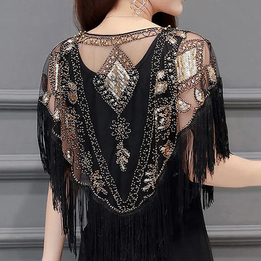 Bling Tassels Blouse Shirt Women Summer Sequin Casual Tops Evening Shawl Wraps Mujer Poncho Shirt Party Club Clothing