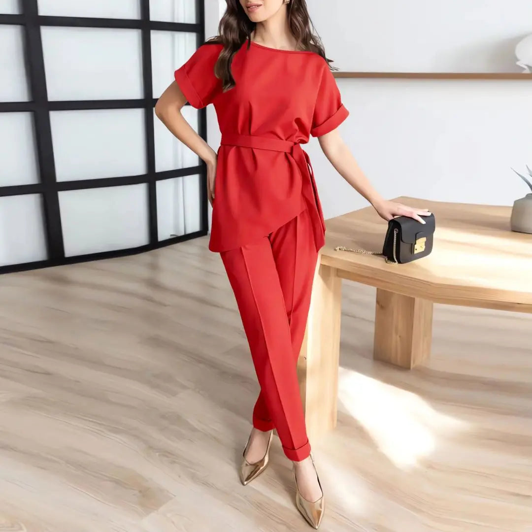 Women's Summer New Fashion Casual Round Neck Beveled Edge Suit Belt Top Set of Petite Pants Elegant Style Office Lady Suit Sets clothes
