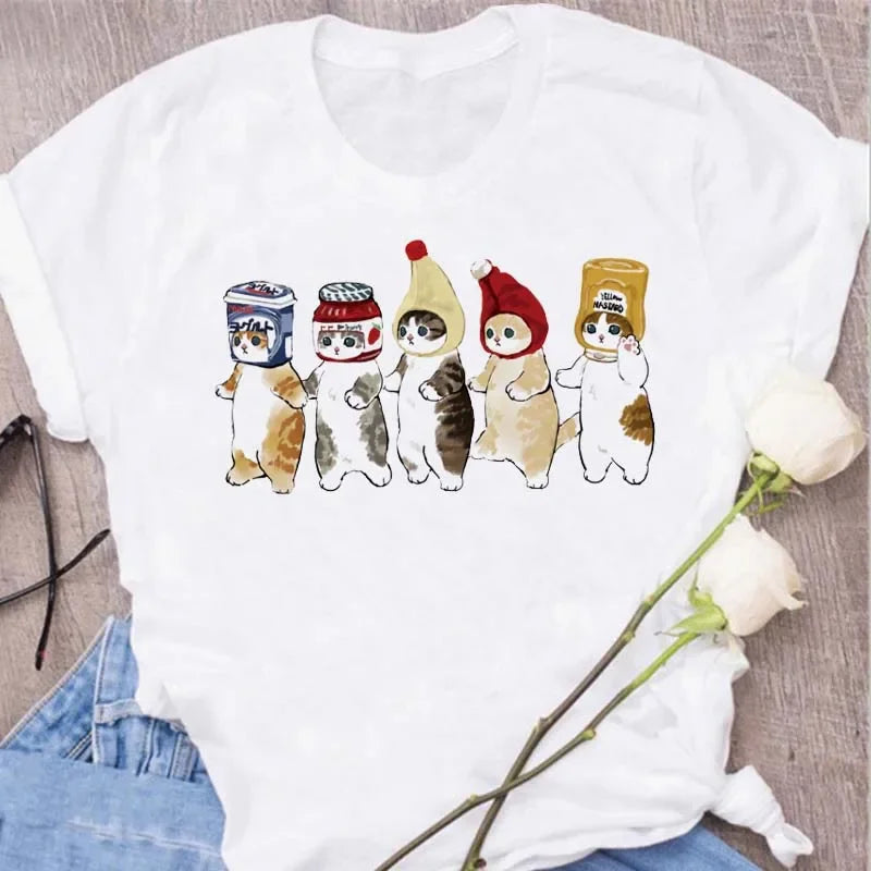 Cute Cats Printing Women T-shirts New Kawaii Women's Tops Fashion Women Clothing Funny Korean Style Creative Casual Clothes Tees