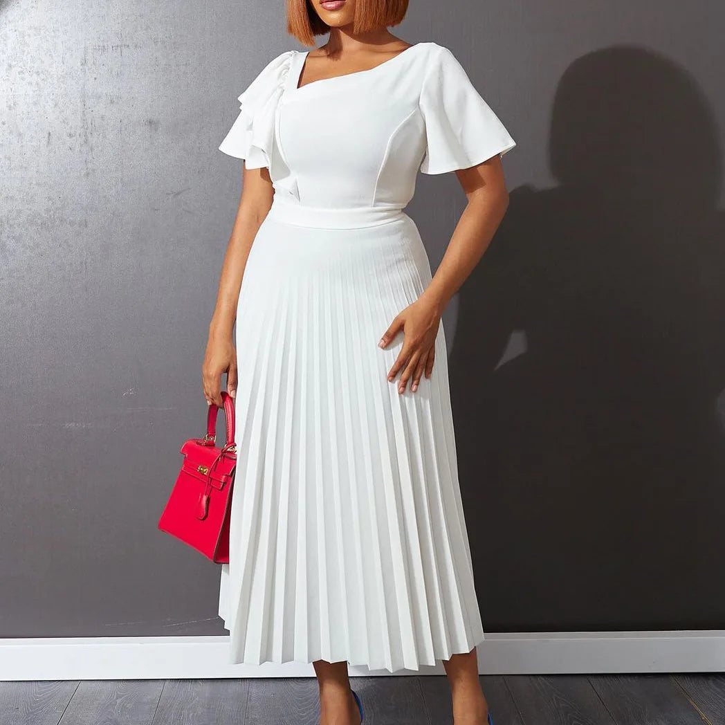 FairyShely 2025 Ruffle Short Sleeve Plus Size Long Dress Women Solid Large Big Folds Dresses Lady Summer Party Tight Curvy Dress