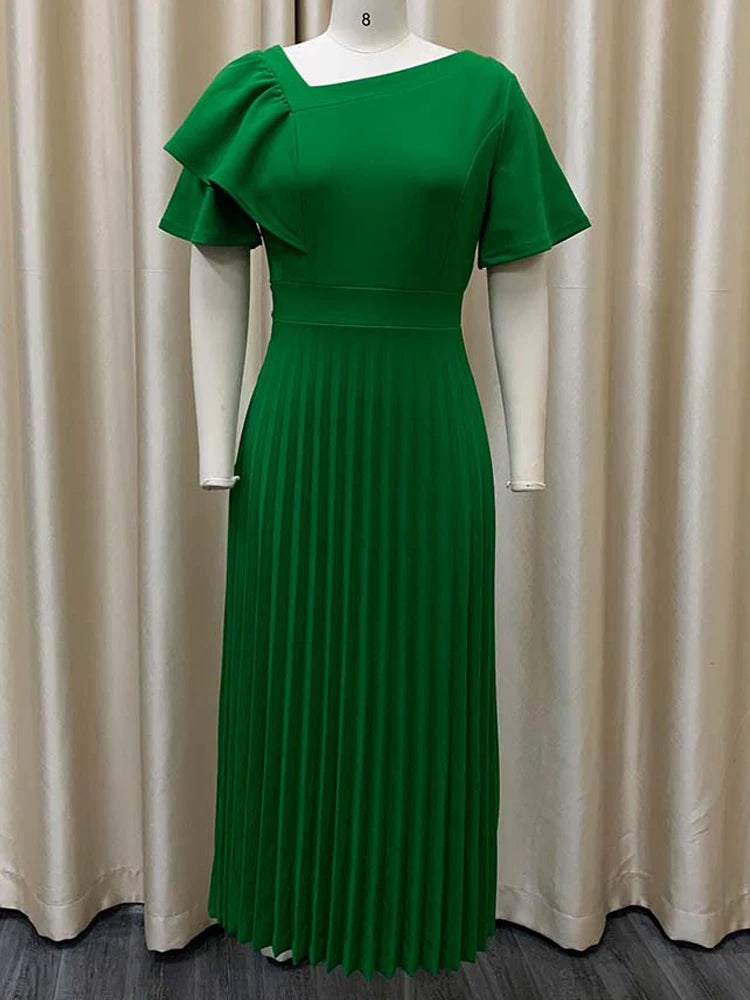 FairyShely 2025 Ruffle Short Sleeve Plus Size Long Dress Women Solid Large Big Folds Dresses Lady Summer Party Tight Curvy Dress