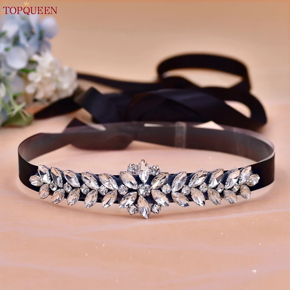 TOPQUEEN Wedding Dress Belt Sash Banquet Party Accessories Bridal Belt Silver Rhinestone Handmade Applique S69