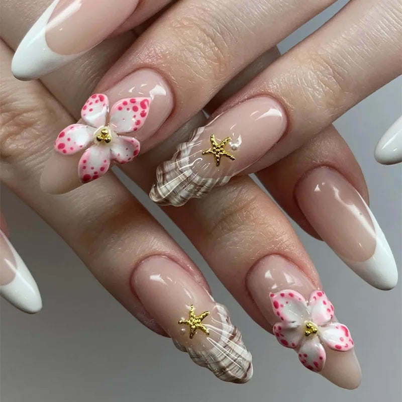 24pcs Summer Fake Nails Press on Almond Wearable 3D Butterfly Flower Short Almond False Nails Smudging Bubble Bead False Nails