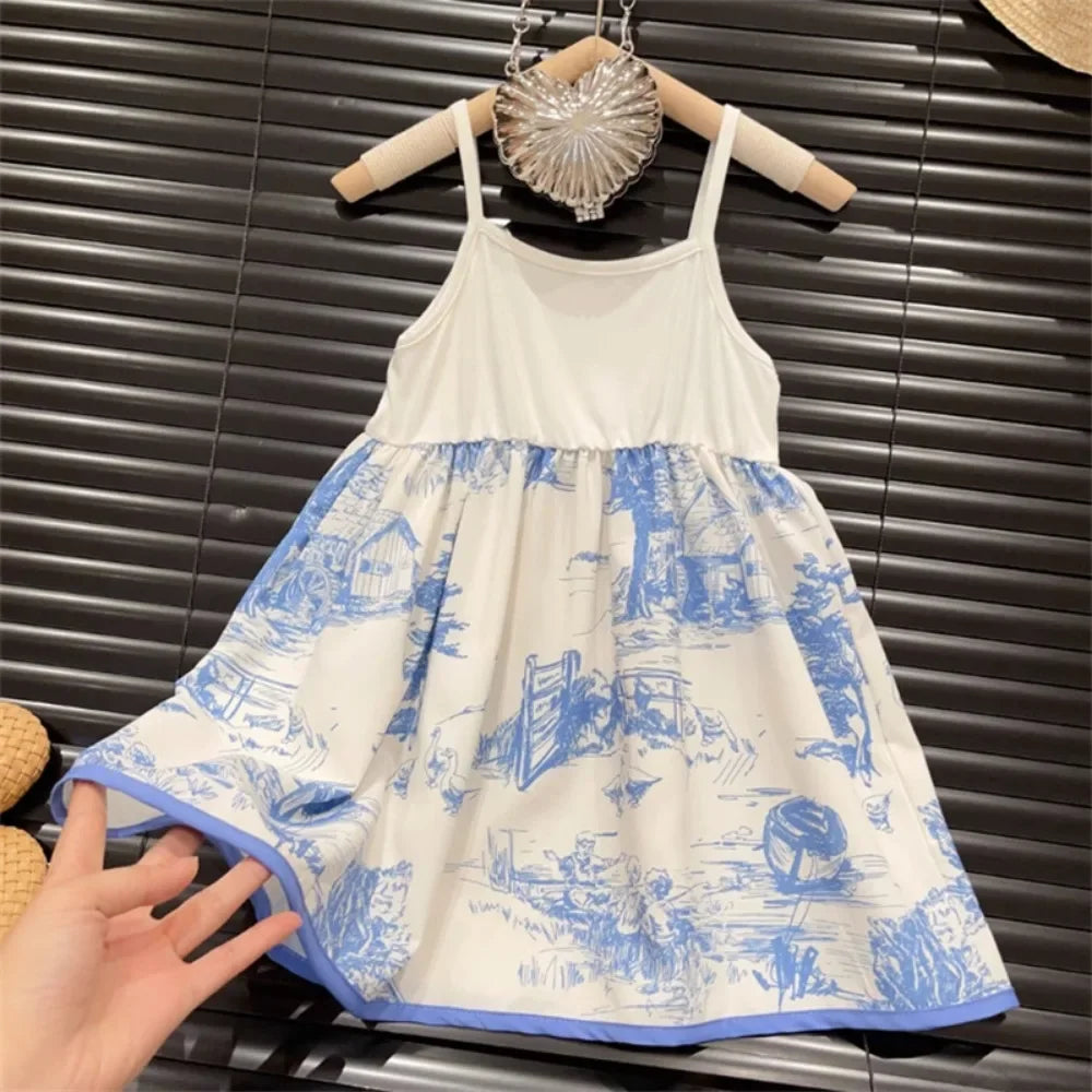 3-7 Years Summer Girls Clothes Set Blue Printed Jacket + Small Suspender Dresses Two-piece Set