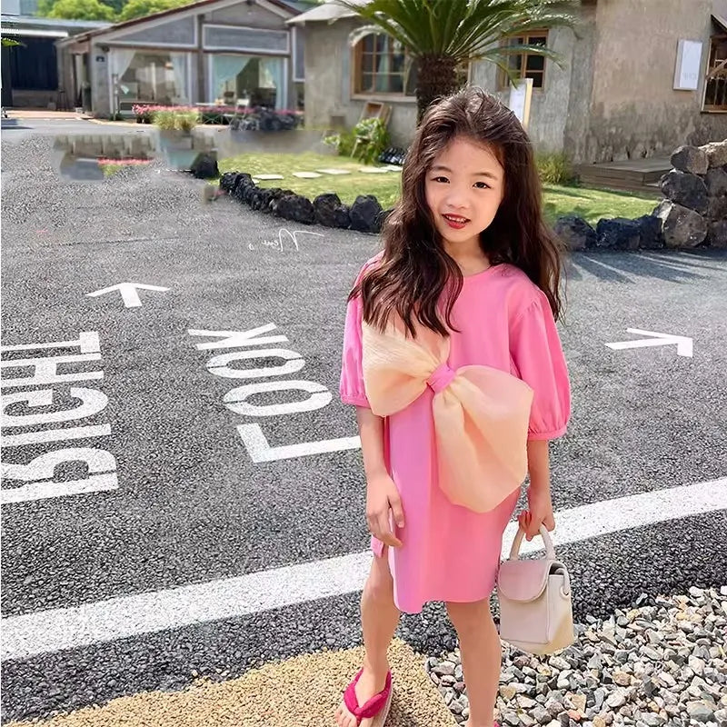 2024 Summer New Girls' Dress Big Bow Dress Sweater T-shirt Dress Casual Baby Kids Clothes Personalized Children's Clothing