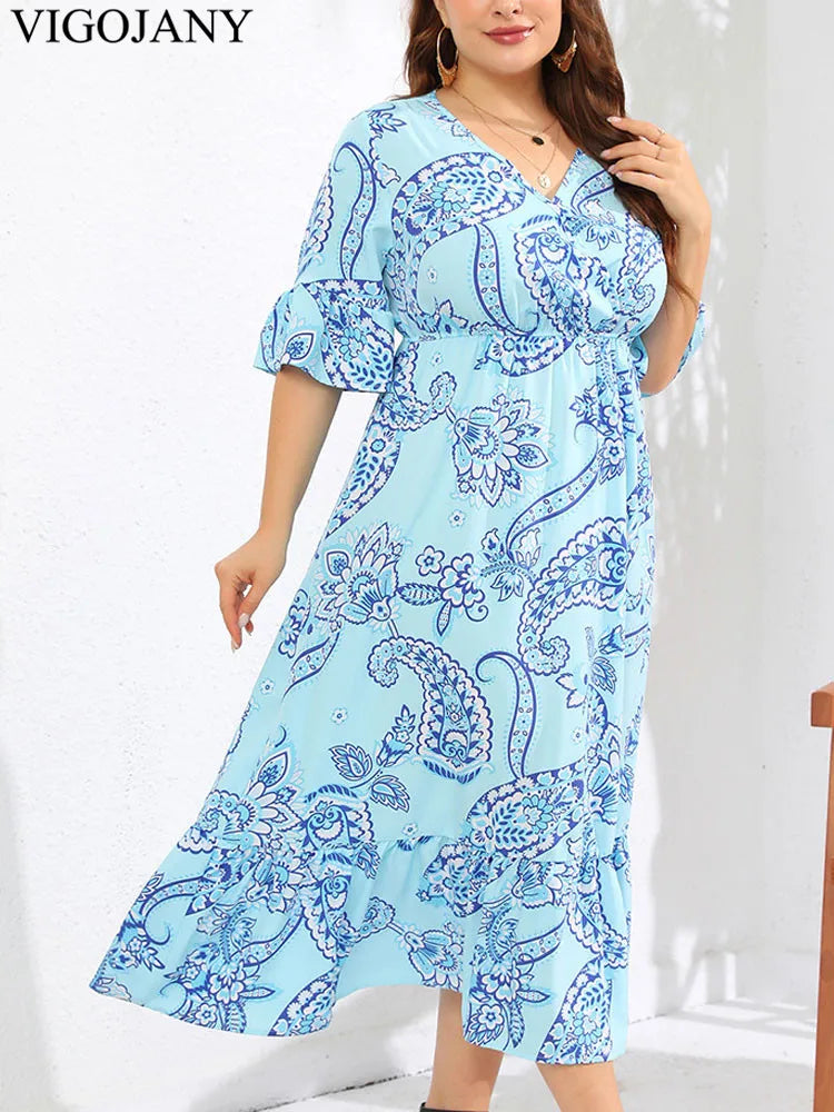 Vigojany 2025 Women Summer Short Sleeve Plus Size Dress Print Casual V Neck Large Big Dress Lady Chubby Curvy Long Dresses